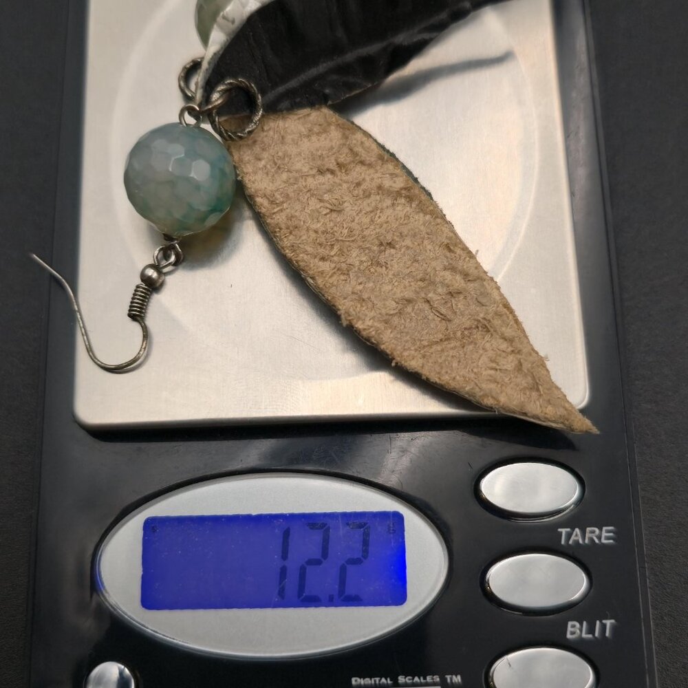 Silver Plated Handmade Glass And Leather Leaf Earrings B957 - Picture 5 of 5